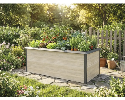 Hochbeet an Holzoptik mat donkelem Metallkader, beplanzt mat Tomaten a Kraider an engem hellen, organiséierte Gaart.