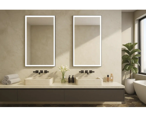Salle de bain moderne avec deux miroirs LED, vasques à poser rectangulaires, robinetterie noire murale et meuble sous-vasque sombre.