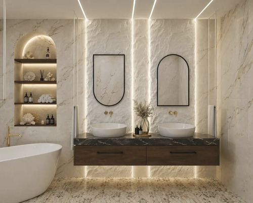 Helles Badezimmer mit Doppelwaschtisch aus Holz und Marmor, zwei Aufsatzbecken, Wandarmaturen in Goldoptik, Rundspiegeln und freistehender Badewanne.