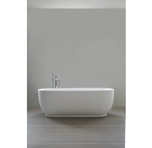 Baignoire îlot ovale au design moderne avec robinetterie de sol chromée et douchette à main dans une salle de bains claire et minimaliste.
