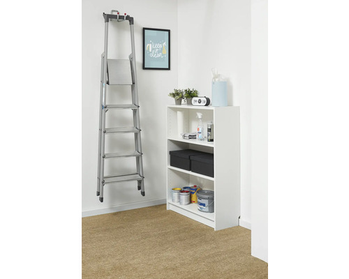 Organiséiert Stockage mat engem wäisse Regal an enger Aluminium-Leeder déi un der Mauer hänkt. Am Regal si Faarwen a Boxen.