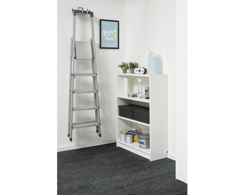 Organisierte Aufbewahrung mit einem weißen Regal und einer an der Wand hängenden Aluminiumleiter, bestückt mit Farbdosen und Aufbewahrungsboxen.