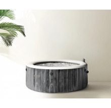 Jacuzzi gonflable rond Intex avec extérieur en aspect bois gris, Intex Logo et eau bouillonnante.