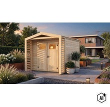 Abri de jardin moderne en bois avec toit en pente et double porte vitrée dans un jardin bien entretenu avec terrasse. (Image AI modified or generated)