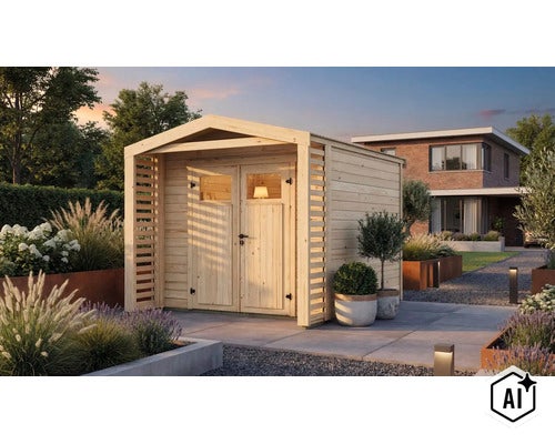 Abri de jardin moderne en bois avec toit en pente et double porte vitrée dans un jardin bien entretenu avec terrasse. (Image AI modified or generated)