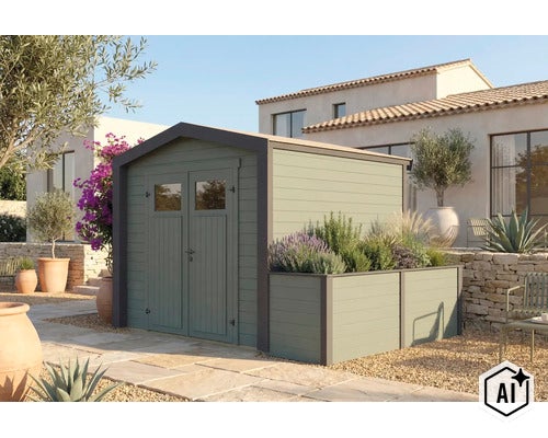Abri de jardin moderne en bois avec jardinière intégrée dans un jardin méditerranéen devant une maison claire avec terrasse en pierre. (Image AI modified or generated)