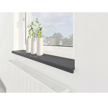 Rebord de fenêtre intérieur moderne en gris anthracite, monté au-dessus d'un radiateur blanc sous une fenêtre avec des plantes décoratives.
