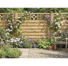 Garten-Sichtschutzzaun aus Holz mit Rankgitter, bewachsen mit Kletterrosen und Clematis, davor ein Beet mit Hortensien, Lavendel und ein Holzstuhl.