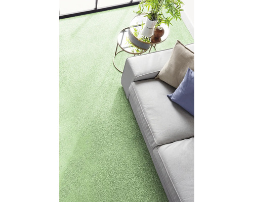 Moquette verte moderne dans un salon lumineux avec canapé gris et petite table.