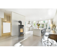 Poêle à bois moderne avec vitre et compartiment à bois dans un salon et une salle à manger lumineux et ouverts.