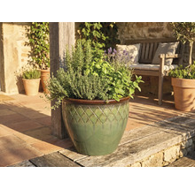 Pot en céramique avec motif en losanges, garni de plantes aromatiques et lavande, sur une terrasse lumineuse à côté d'un banc en bois.