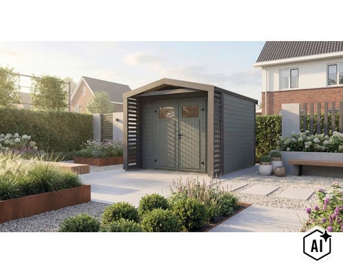 Abri de jardin moderne avec double porte et parois latérales à lames dans un jardin soigné avec terrasse et jardinières en acier corten (Image AI modified or generated)