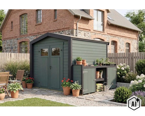 Abri de jardin avec armoire latérale intégrée en bois sur une terrasse devant une maison en brique avec plantes de jardin et sièges. (Image AI modified or generated)