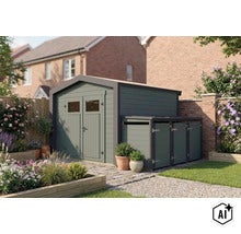 Abri de jardin avec abri poubelle intégré dans un jardin avec des plantes et un chemin pavé. (Image AI modified or generated)