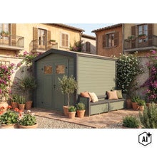 Abri de jardin avec banc intégré dans une cour méditerranéenne, fabriqué en bois robuste, idéal pour le rangement des outils de jardin. (Image AI modified or generated)