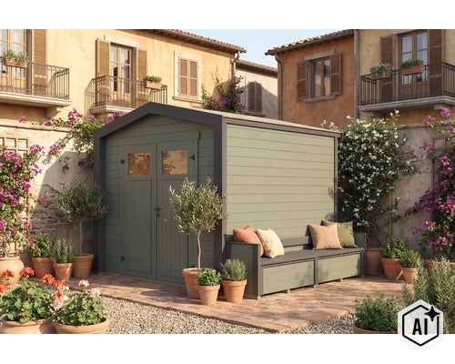 Abri de jardin avec banc intégré dans une cour méditerranéenne, fabriqué en bois robuste, idéal pour le rangement des outils de jardin. (Image AI modified or generated)