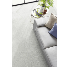 Moquette gris clair chinée dans un salon moderne et lumineux à côté d'un canapé et d'une table d'appoint avec une plante.