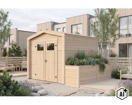 Abri de jardin en bois avec double porte et jardinière intégrée dans un jardin moderne. (Image AI modified or generated)