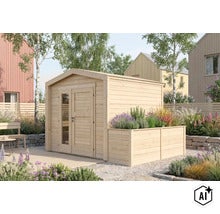 Abri de jardin en bois avec jardinière surélevée intégrée et double porte vitrée dans un jardin moderne (Image AI modified or generated)