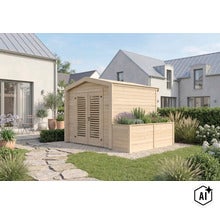 Abri de jardin en bois avec jardinière intégrée et porte double à lattes, situé dans un jardin devant des maisons modernes. (Image AI modified or generated)