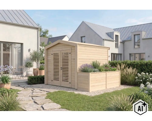Abri de jardin en bois avec jardinière intégrée et porte double à lattes, situé dans un jardin devant des maisons modernes. (Image AI modified or generated)