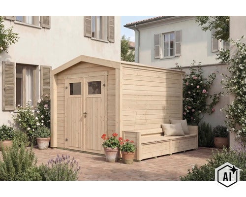 Abri de jardin en bois avec banc intégré, installé sur une terrasse pavée devant une maison. (Image AI modified or generated)