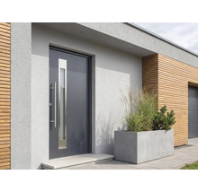 Porte d'entrée moderne anthracite avec vitrage vertical et poignée en acier inoxydable sur une façade avec bardage bois.