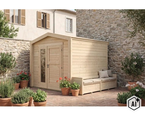 Abri de jardin en bois avec banc intégré, double porte et fenêtre toute hauteur dans un jardin méditerranéen avec mur en pierre et plantes. (Image AI modified or generated)