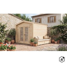 Abri de jardin en bois avec porte double et banc intégré sur une terrasse devant un mur en pierre. (Image AI modified or generated)
