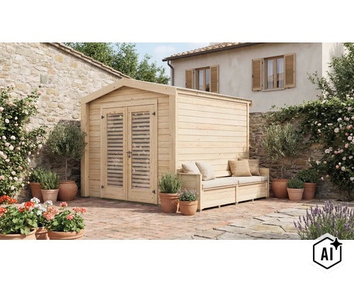 Abri de jardin en bois avec porte double et banc intégré sur une terrasse devant un mur en pierre. (Image AI modified or generated)