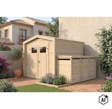 Abri de jardin en bois avec abri poubelle intégré dans un jardin au style méditerranéen. (Image AI modified or generated)
