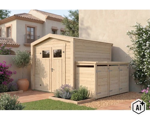 Abri de jardin en bois avec abri poubelle intégré dans un jardin au style méditerranéen. (Image AI modified or generated)