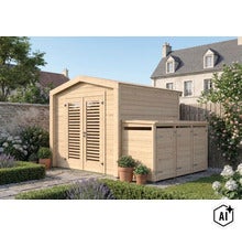Abri de jardin en bois avec double porte et abri poubelles intégré dans un jardin soigné avec parterres de fleurs devant une maison. (Image AI modified or generated)