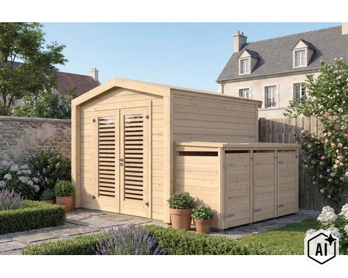 Abri de jardin en bois avec double porte et abri poubelles intégré dans un jardin soigné avec parterres de fleurs devant une maison. (Image AI modified or generated)