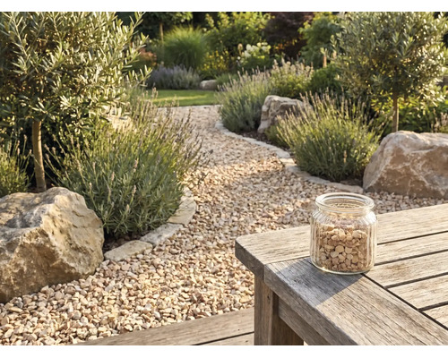 Allée de jardin en gravier beige bordée de lavande, d'oliviers et de rochers, avec un bocal de gravier sur une table en bois.