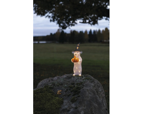 LED-Acrylfigur Maus mit Hexenhut und Kürbis auf einem bemoosten Stein im Außenbereich.