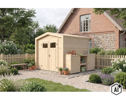 Abri de jardin en bois avec porte double et appentis intégré avec plan de travail dans un jardin soigné devant une maison en briques. (Image AI modified or generated)