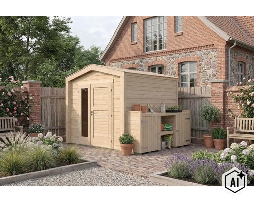 Abri de jardin en bois avec annexe intégrée et porte double avec insert en verre dans un jardin devant une maison en brique. (Image AI modified or generated)