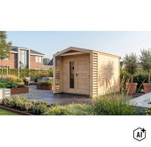 Abri de jardin moderne en bois avec toit à deux pans et entrée couverte situé dans un jardin soigné avec terrasse. (Image AI modified or generated)