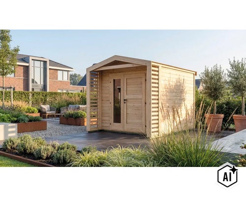 Abri de jardin moderne en bois avec toit à deux pans et entrée couverte situé dans un jardin soigné avec terrasse. (Image AI modified or generated)