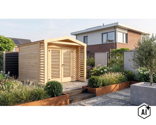 Abri de jardin moderne en bois avec portes à persiennes dans un jardin bien entretenu avec parterres de fleurs et terrasse en pierre. (Image AI modified or generated)