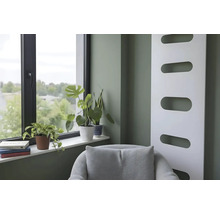Salon moderne avec mur vert sauge, radiateur design blanc, fenêtre avec plantes d'intérieur sur le rebord et fauteuil gris.