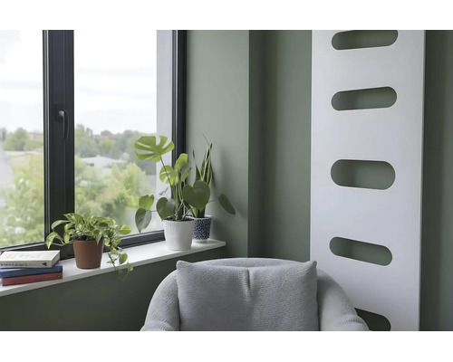 Salon moderne avec mur vert sauge, radiateur design blanc, fenêtre avec plantes d'intérieur sur le rebord et fauteuil gris.