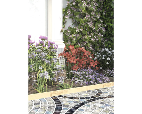 Un grillage de jardin noir à mailles fines protège un parterre de fleurs avec des pivoines, des lys et des asters à côté d'une allée pavée.