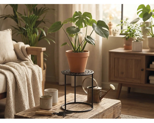 Plante Monstera en pot de terre cuite sur support en métal noir dans un salon lumineux avec table en bois et arrosoir.