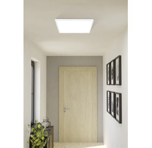 Quadratisches LED-Deckenpanel in einem hellen, modernen Flur mit einer Holztür und Wanddekorationen.