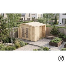 Abri de jardin en bois avec double porte et auvent attenant sur une terrasse en bois dans un jardin moderne avec jardinière surélevée. (Image AI modified or generated)
