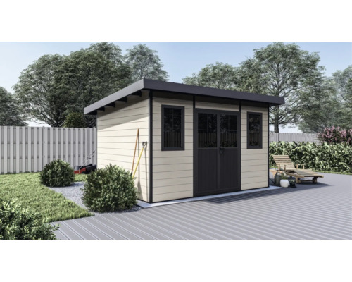 Modernes Gartenhaus mit Flachdach, Doppeltür mit Lichtausschnitten und zwei Fenstern in einem Garten auf einer Terrasse.