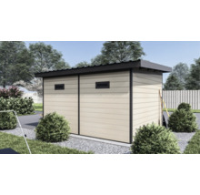 Modernes Gerätehaus mit beigen Wandpaneelen und schwarzem Flachdach in einem gepflegten Garten.