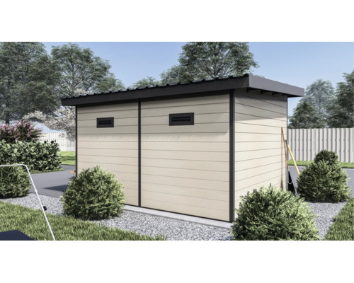 Modernes Gerätehaus mit beigen Wandpaneelen und schwarzem Flachdach in einem gepflegten Garten.